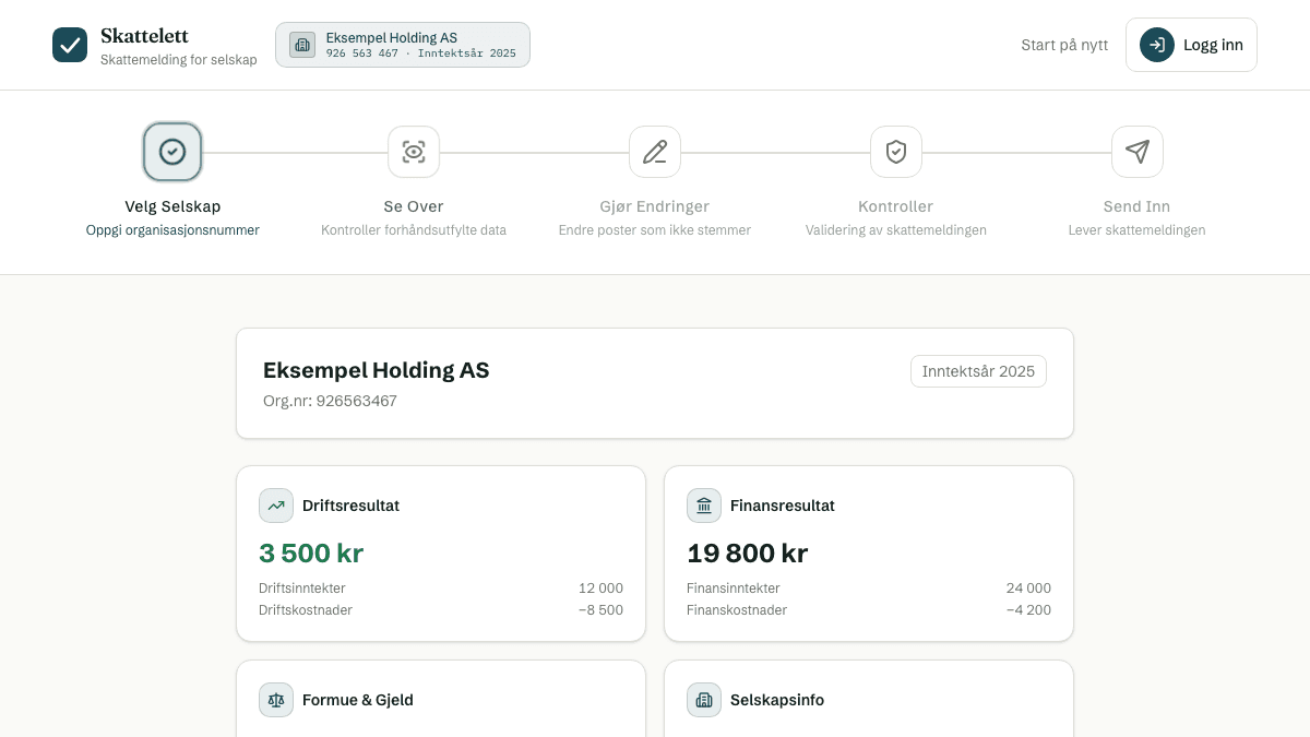Oversikt over forhåndsutfylt skattemelding i Skattelett med eksempeldata.
