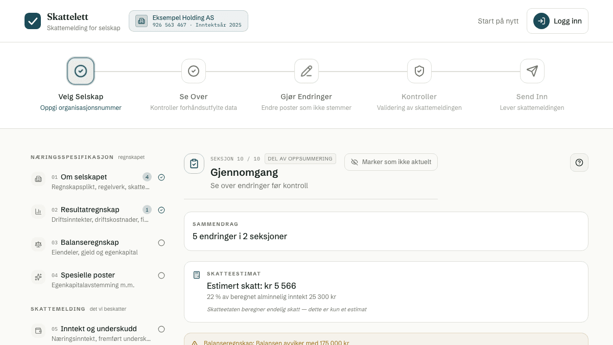 Gjennomgang av endringer i skattemelding og næringsspesifikasjon med eksempeldata.